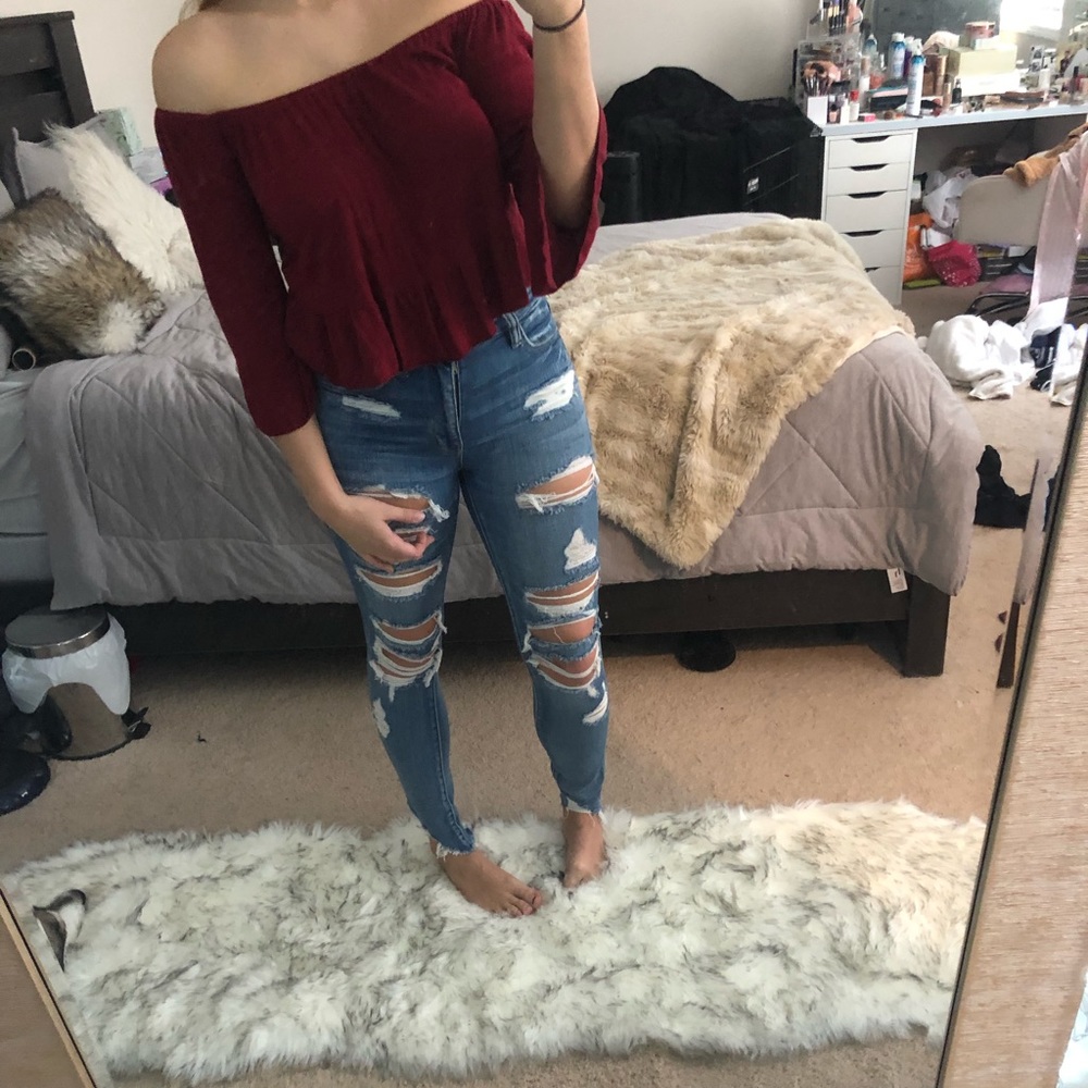Maroon Off the Shoulder LA Hearts Top